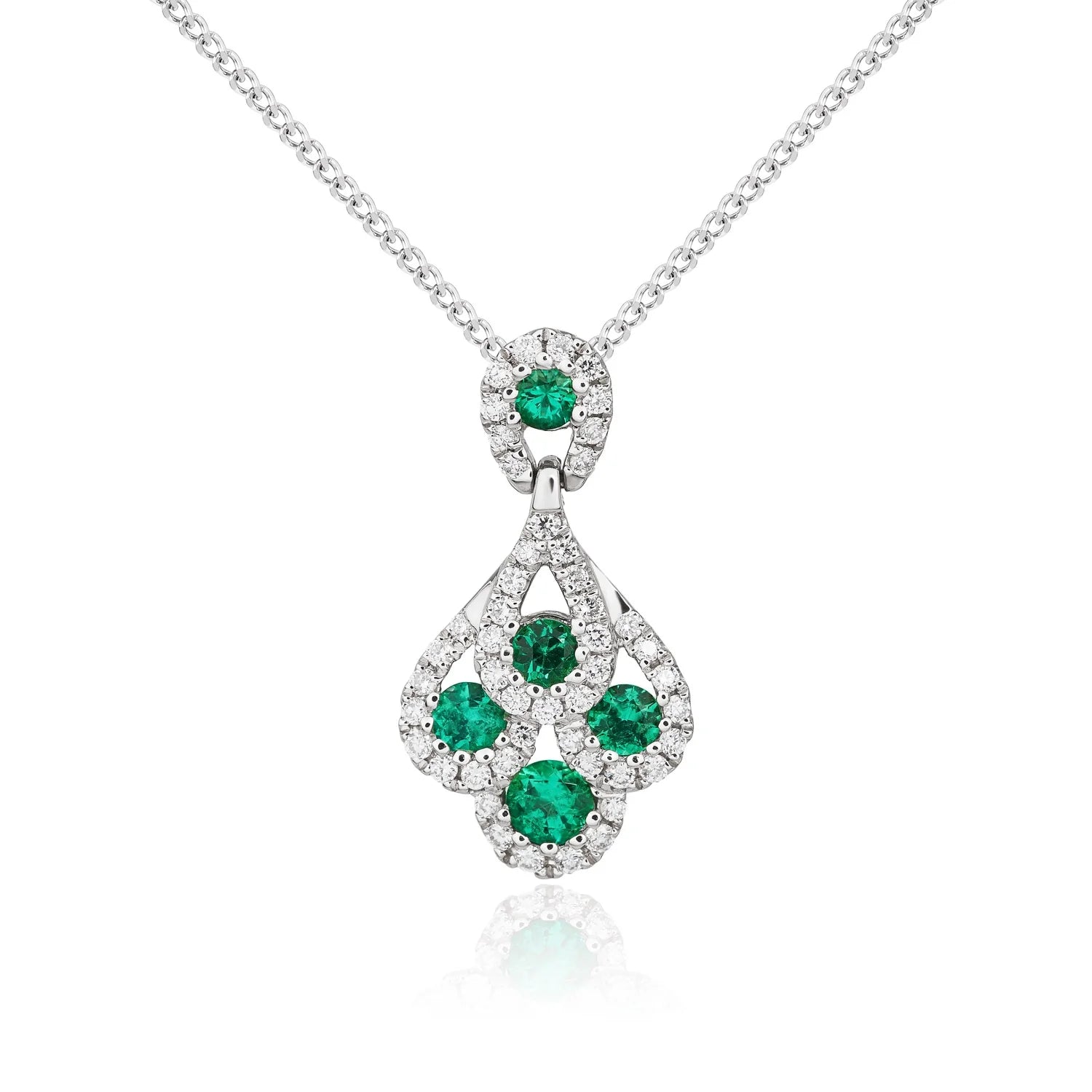 Emerald & Diamond Peacock pendant in white gold  on a white background 