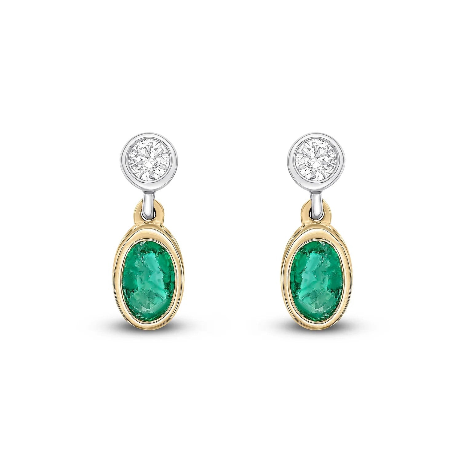 Emerald & Diamond drop earrings in yellow & white earrings on a white background