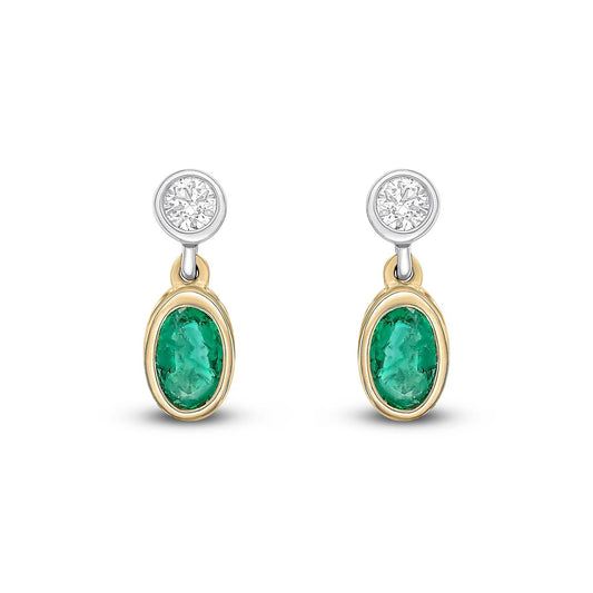Emerald & Diamond drop earrings in yellow & white earrings on a white background