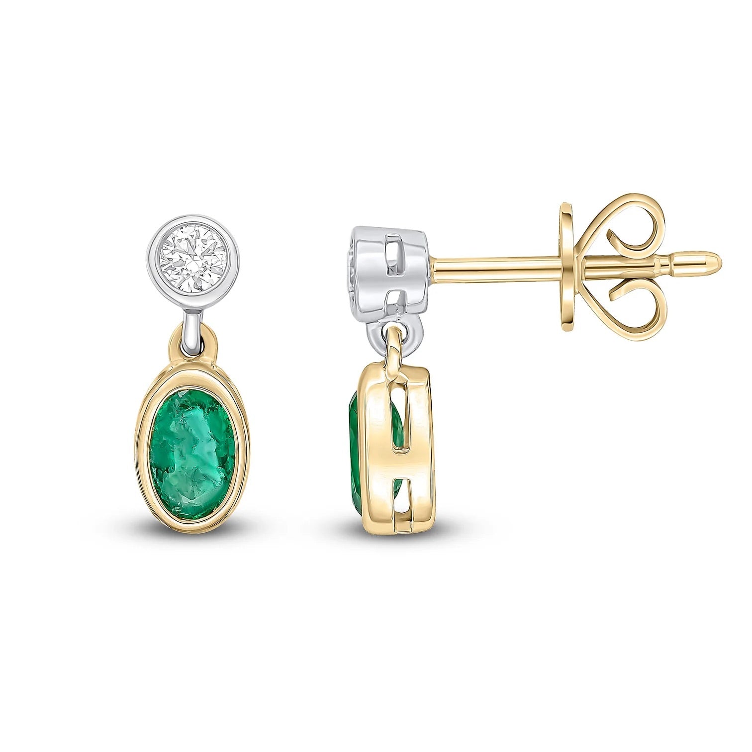 Emerald & Diamond drop earrings in yellow & white earrings - Side View on a white background