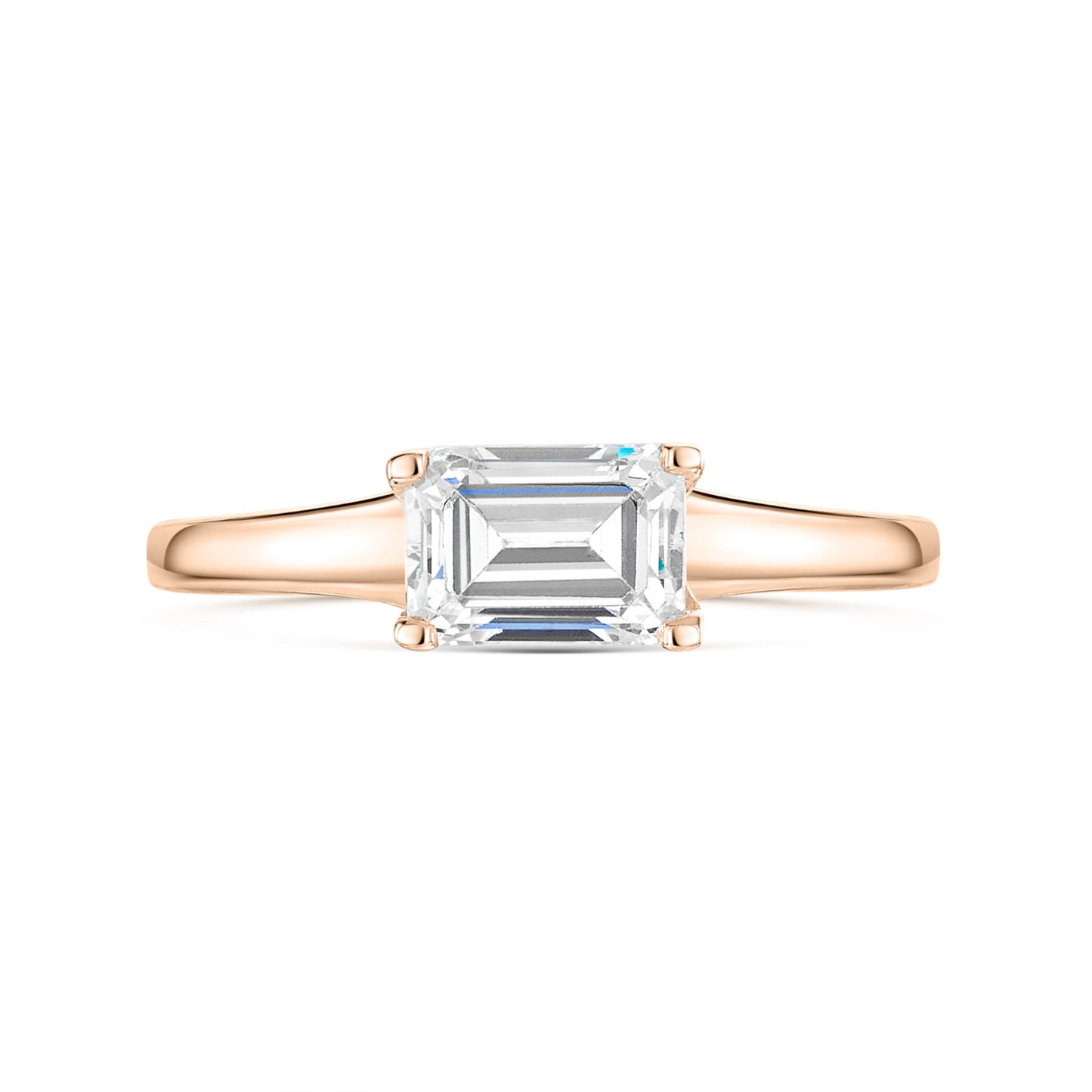 Emerald East West Diamond Engagement Ring in Rose Gold on a white background