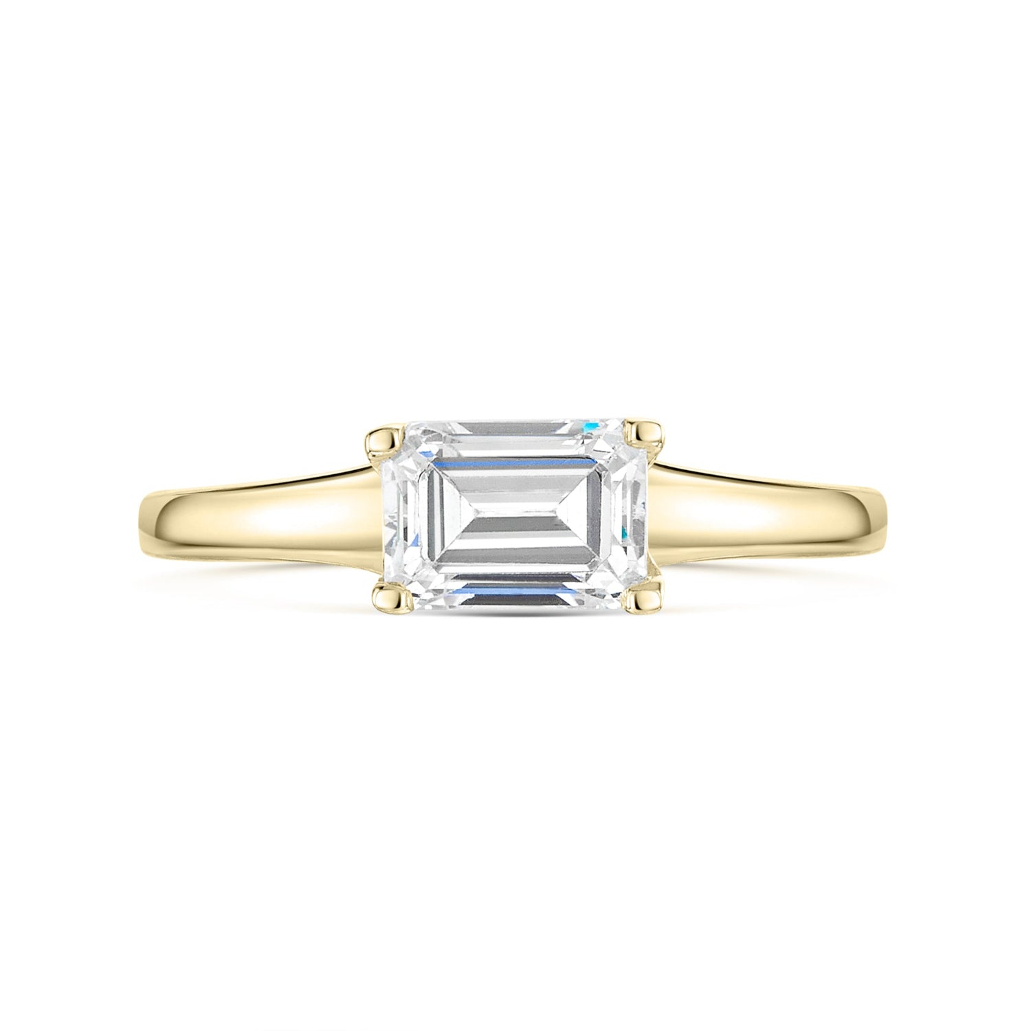 Emerald East West Diamond Engagement Ring in Yellow Gold on a white background