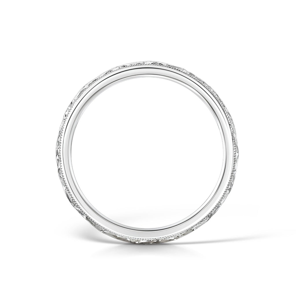 Floral hand engraved wedding ring - side view