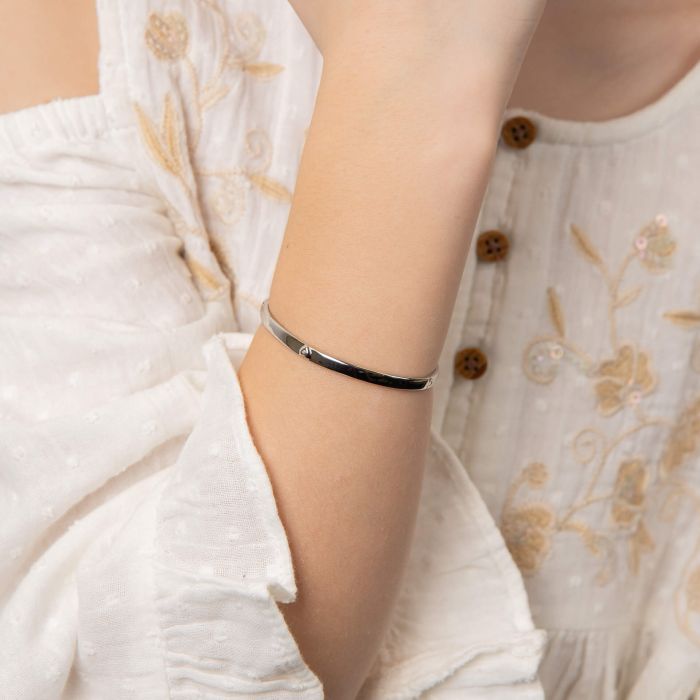 Girls diamond heart bangle with hinge on model