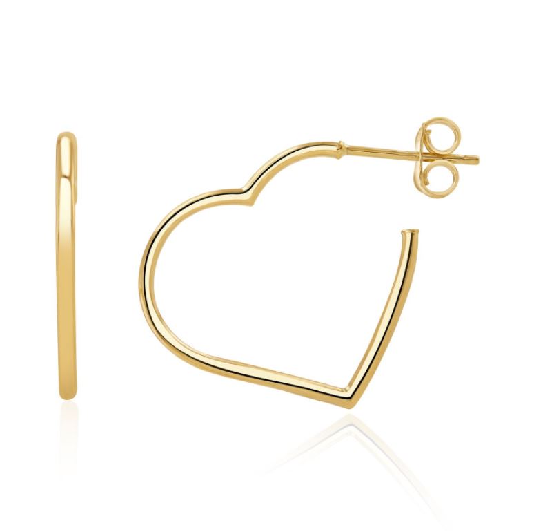 Gold heart-shaped hoop earrings on a white background