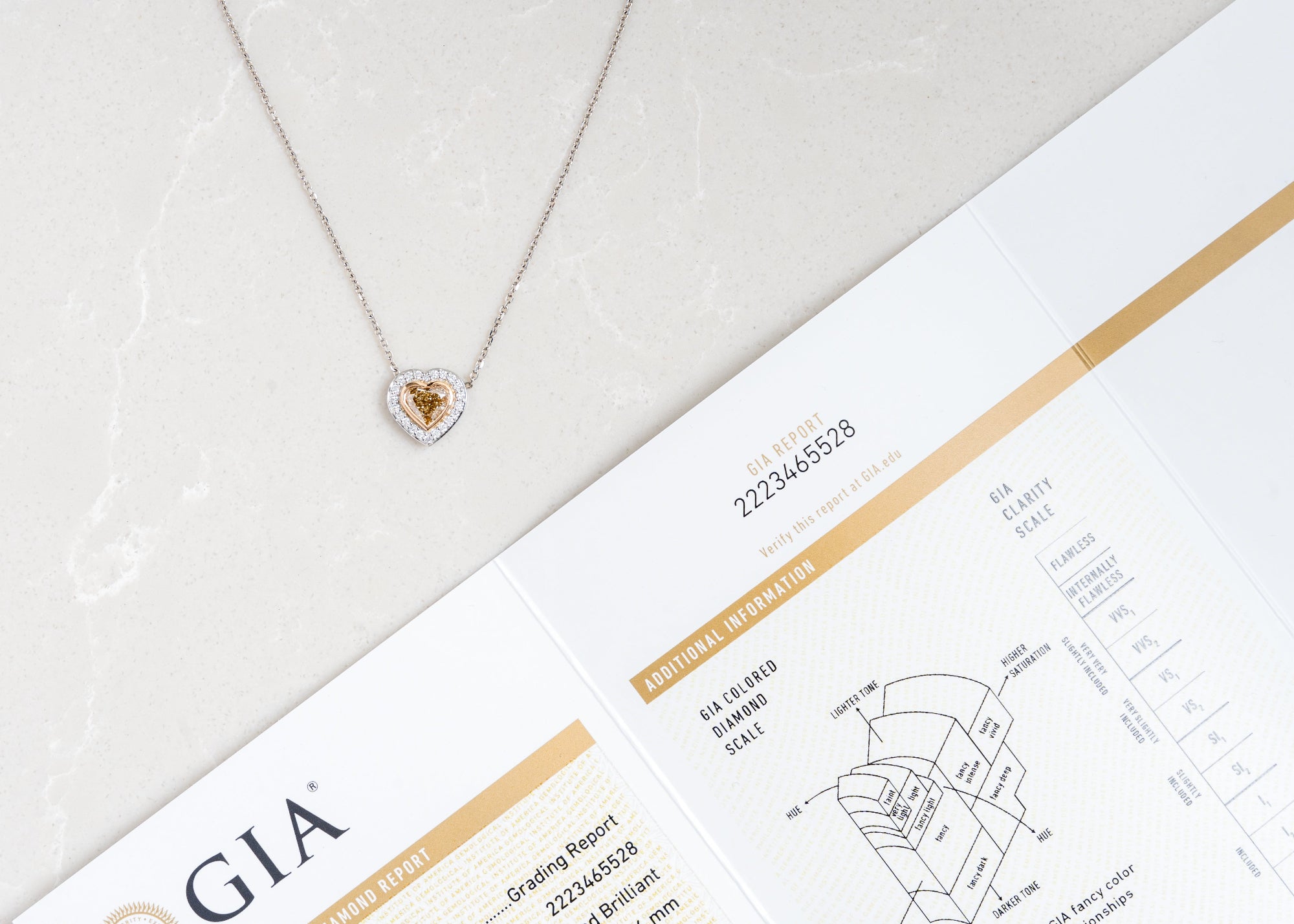 Heart-shaped diamond necklace on a GIA grading report