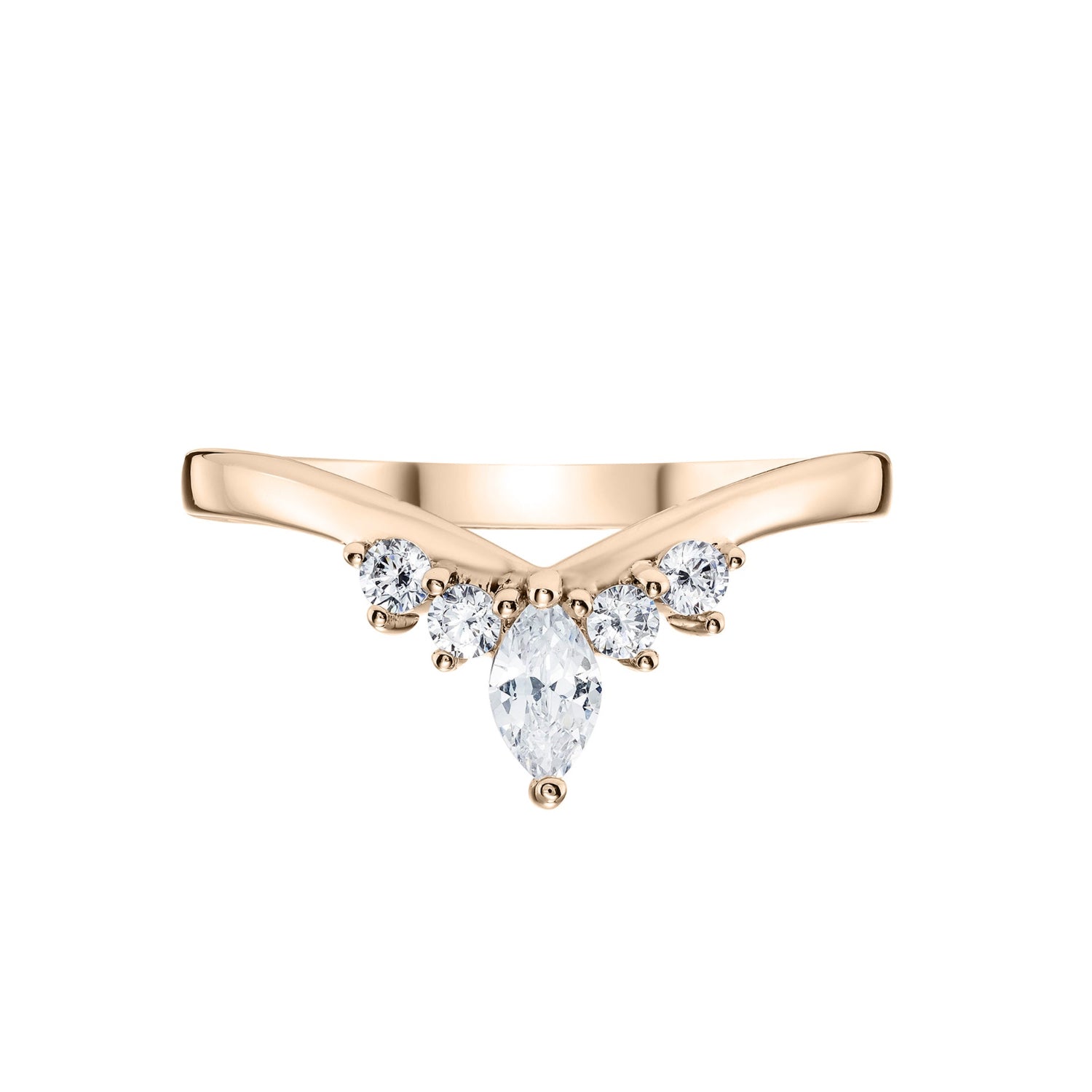 Ladies Diamond Tiara Wishbone Ring in Rose Gold on white background