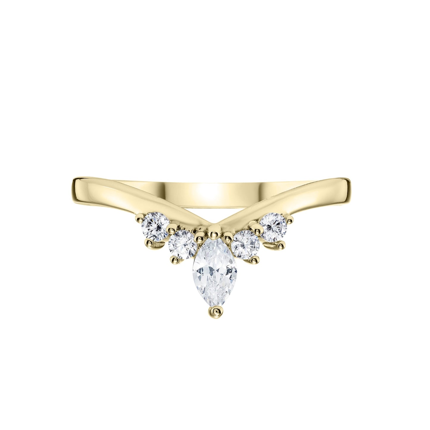 Ladies diamond tiara wishbone ring in yellow gold on a white background 