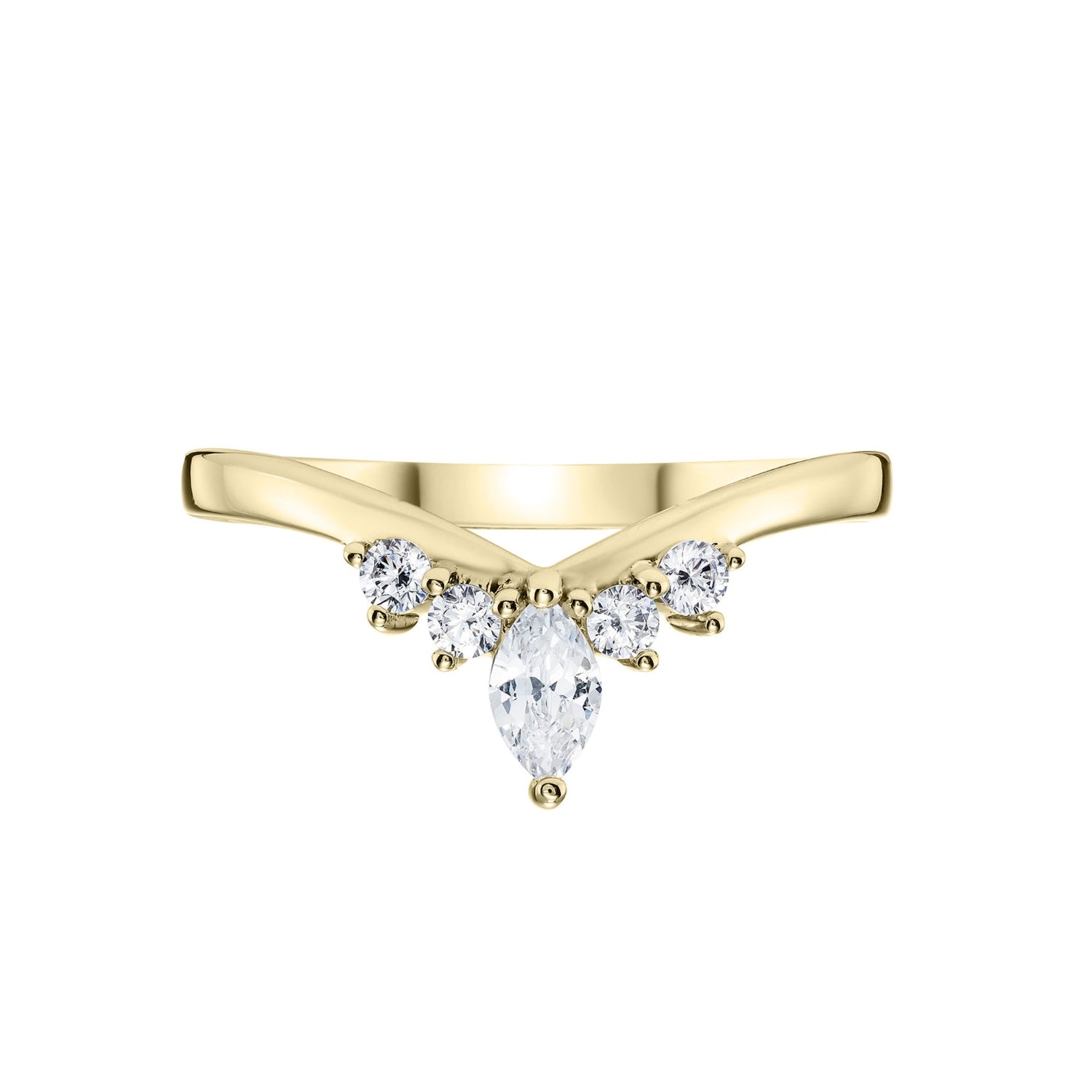 Ladies diamond tiara wishbone ring in yellow gold on a white background 