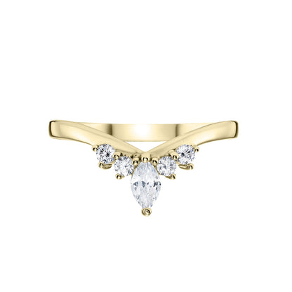 Ladies diamond tiara wishbone ring in yellow gold on a white background 