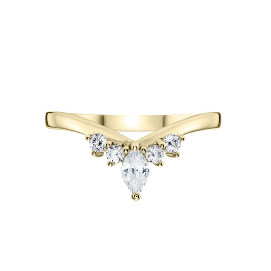 Ladies diamond tiara wishbone ring in yellow gold on a white background 