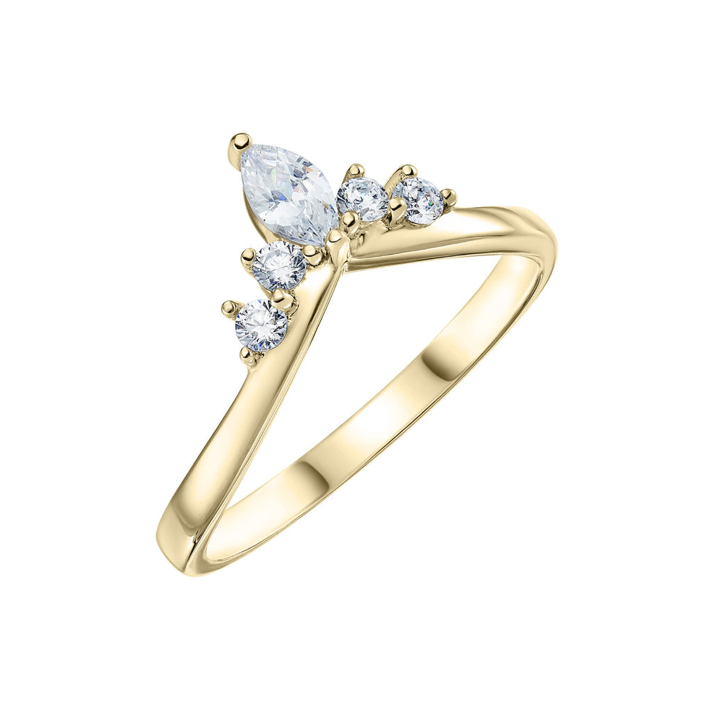 Ladies diamond tiara wishbone wedding ring in yellow gold on a white background 