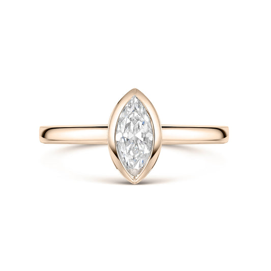 Marquise Bezel Set engagement ring in Rose Gold on a white background 