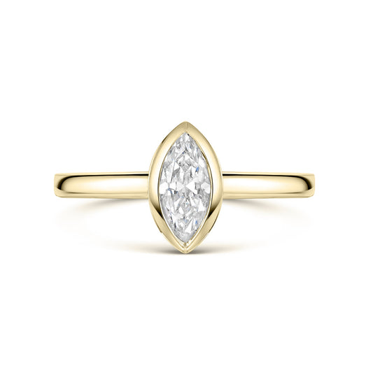Marquise Bezel Set engagement ring in Yellow Gold on a white background 