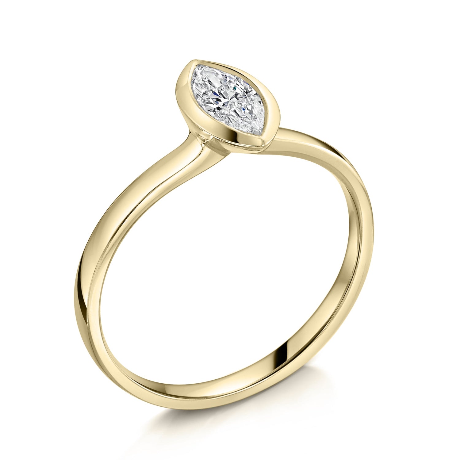 Marquise Bezel Set engagement ring in Yellow Gold - Angled view on a white background