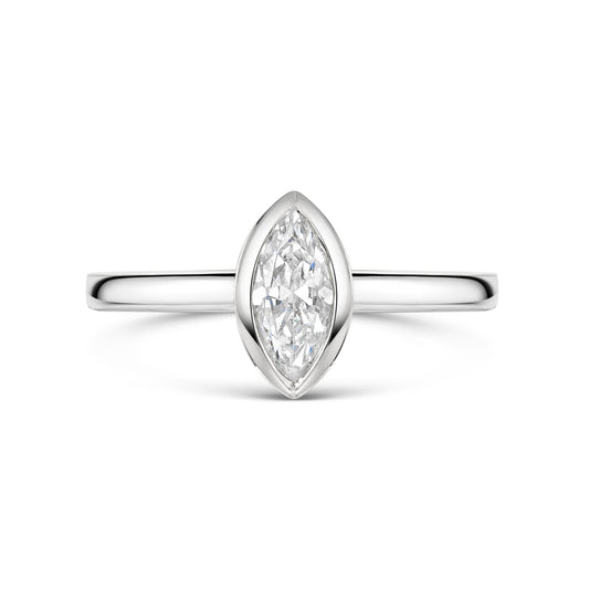 Marquise Bezel Set engagement ring in platinum on a white background 