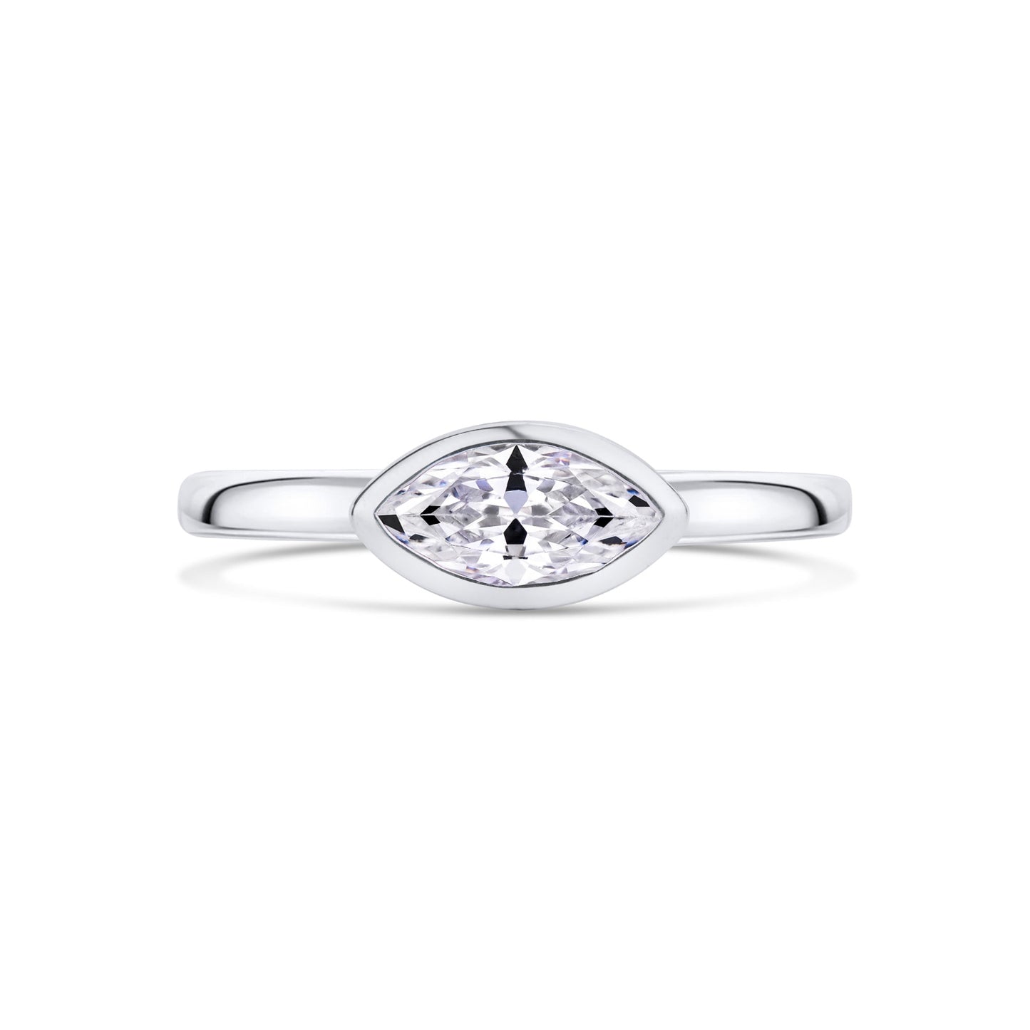 Marquise Diamond East West Bezel Solitaire Engagement Ring in Platinum on white background 
