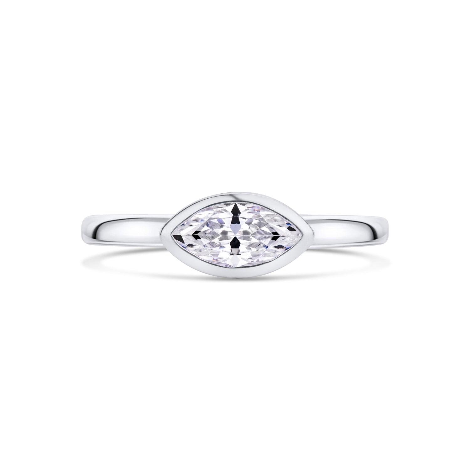 Marquise Diamond East West Bezel Solitaire Engagement Ring in Platinum on white background 