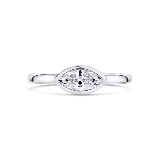 Marquise Diamond East West Bezel Solitaire Engagement Ring in Platinum on white background 