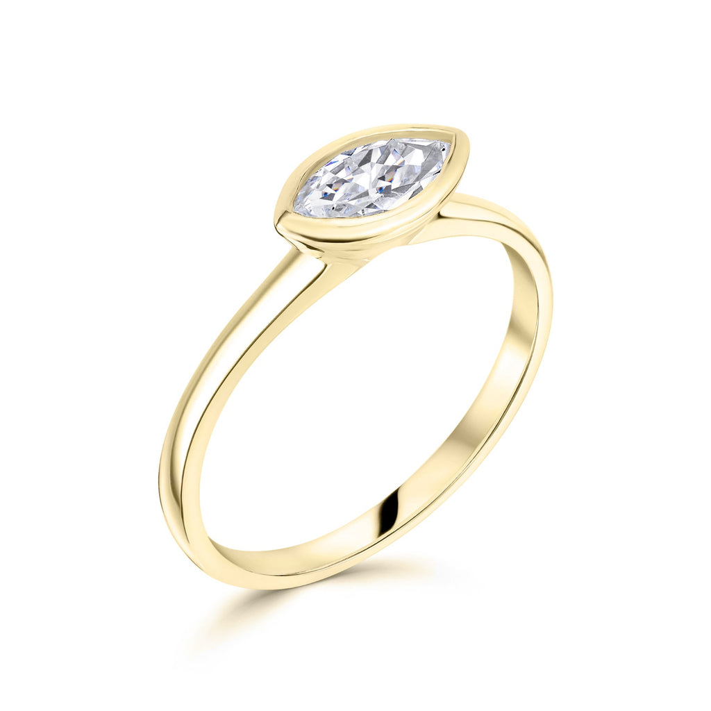 Marquise Shaped Diamond Solitaire with East West Bezel Setting on a white background