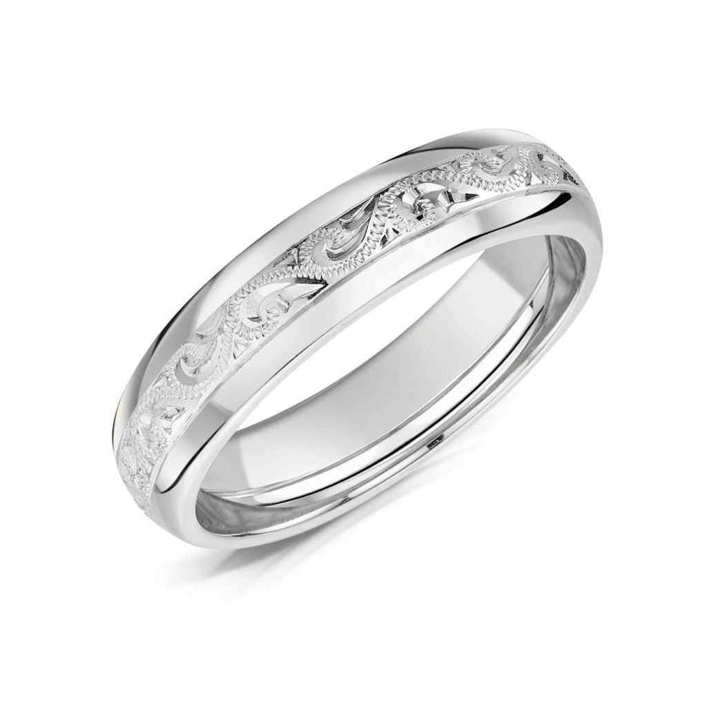 Men’s hand engraved white gold wedding band
