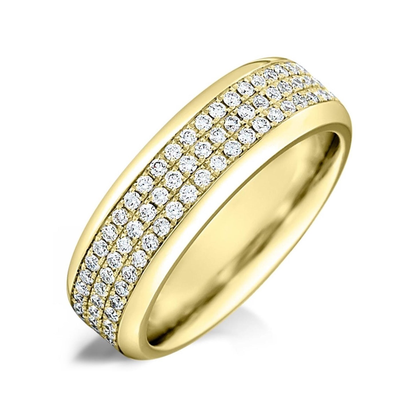 Mens triple row diamond weddign Rinn in yellow gold