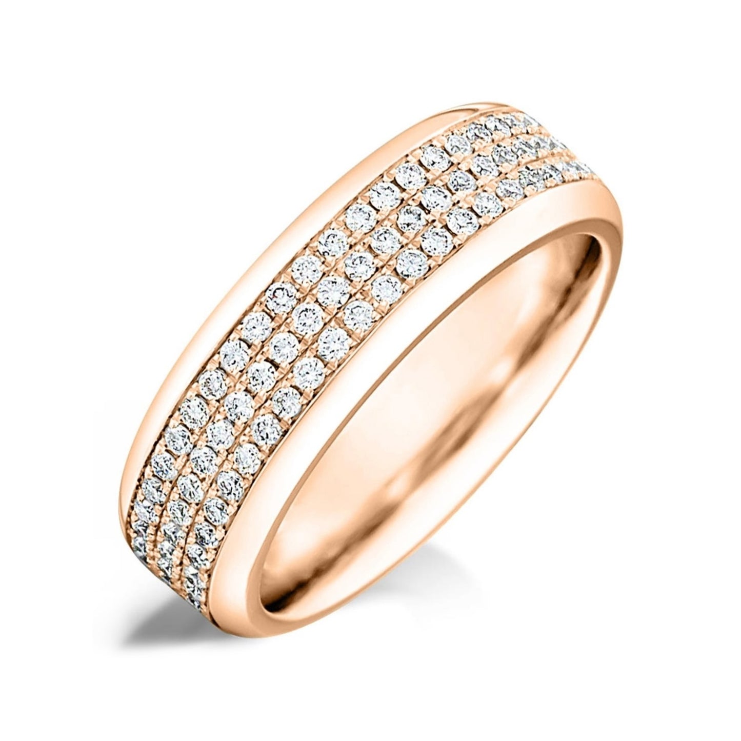 Mens rose gold wedding ring with three rows of diamonds on a white background