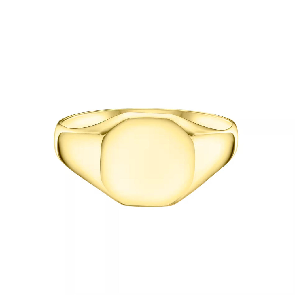 Mens hexagonal gold signet ring on a white background
