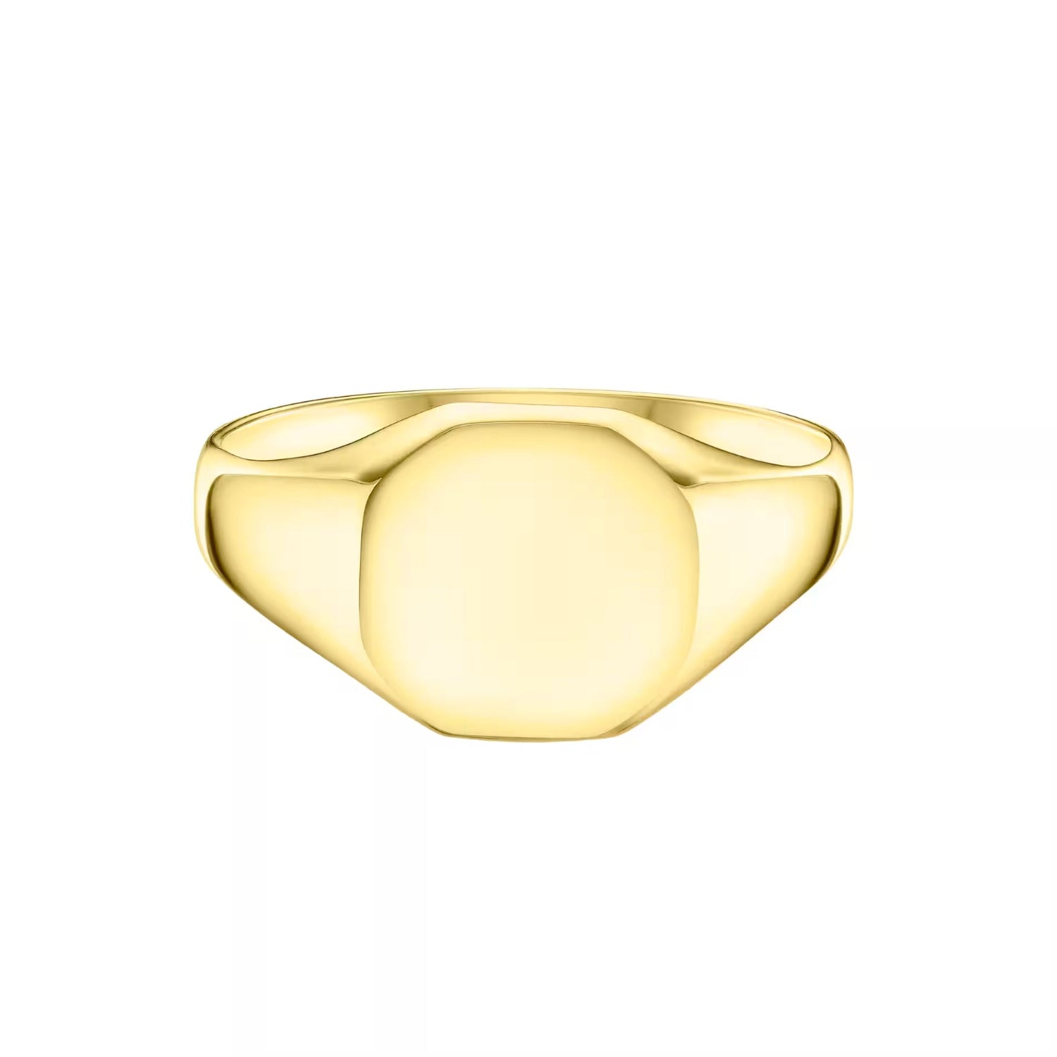 Mens hexagonal gold signet ring on a white background