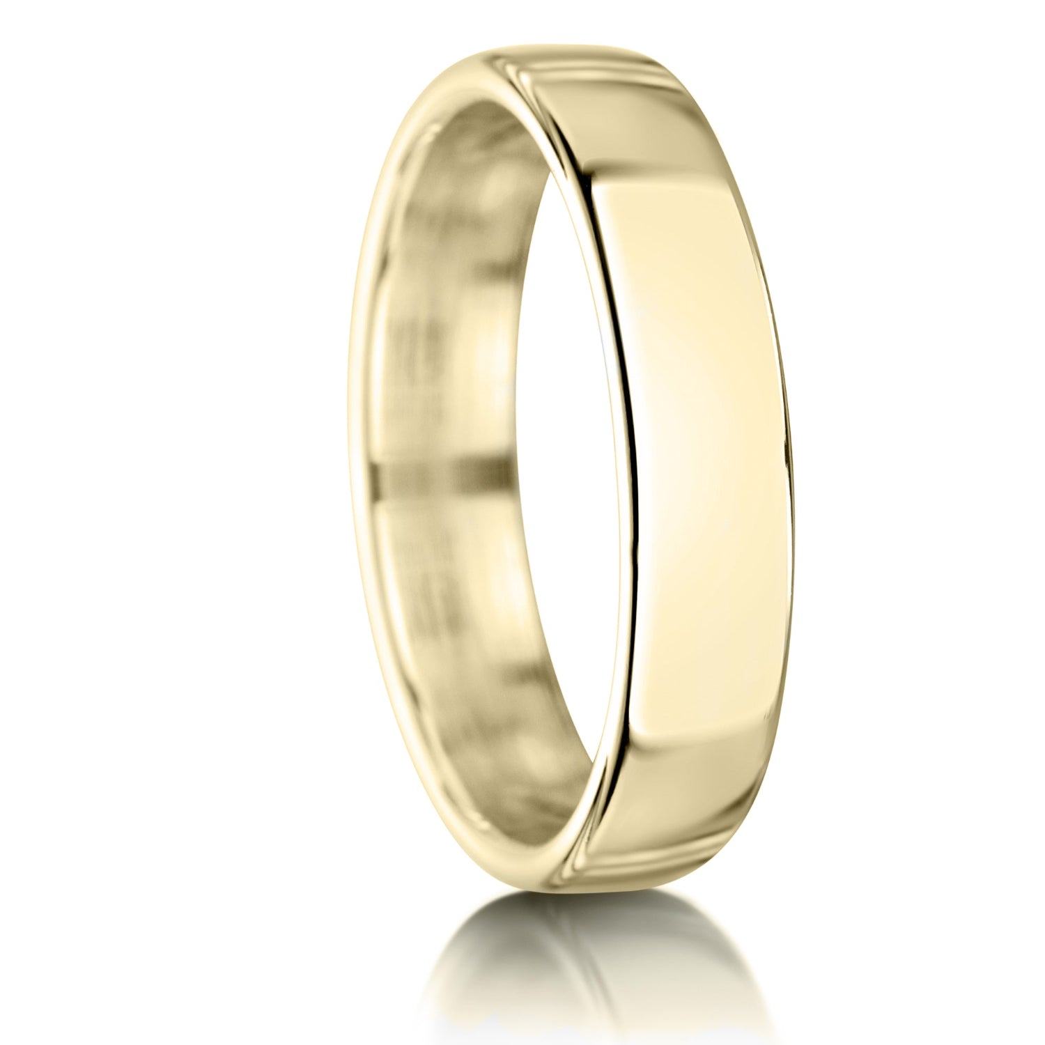 Mens modern yellow gold wedding band on a white background