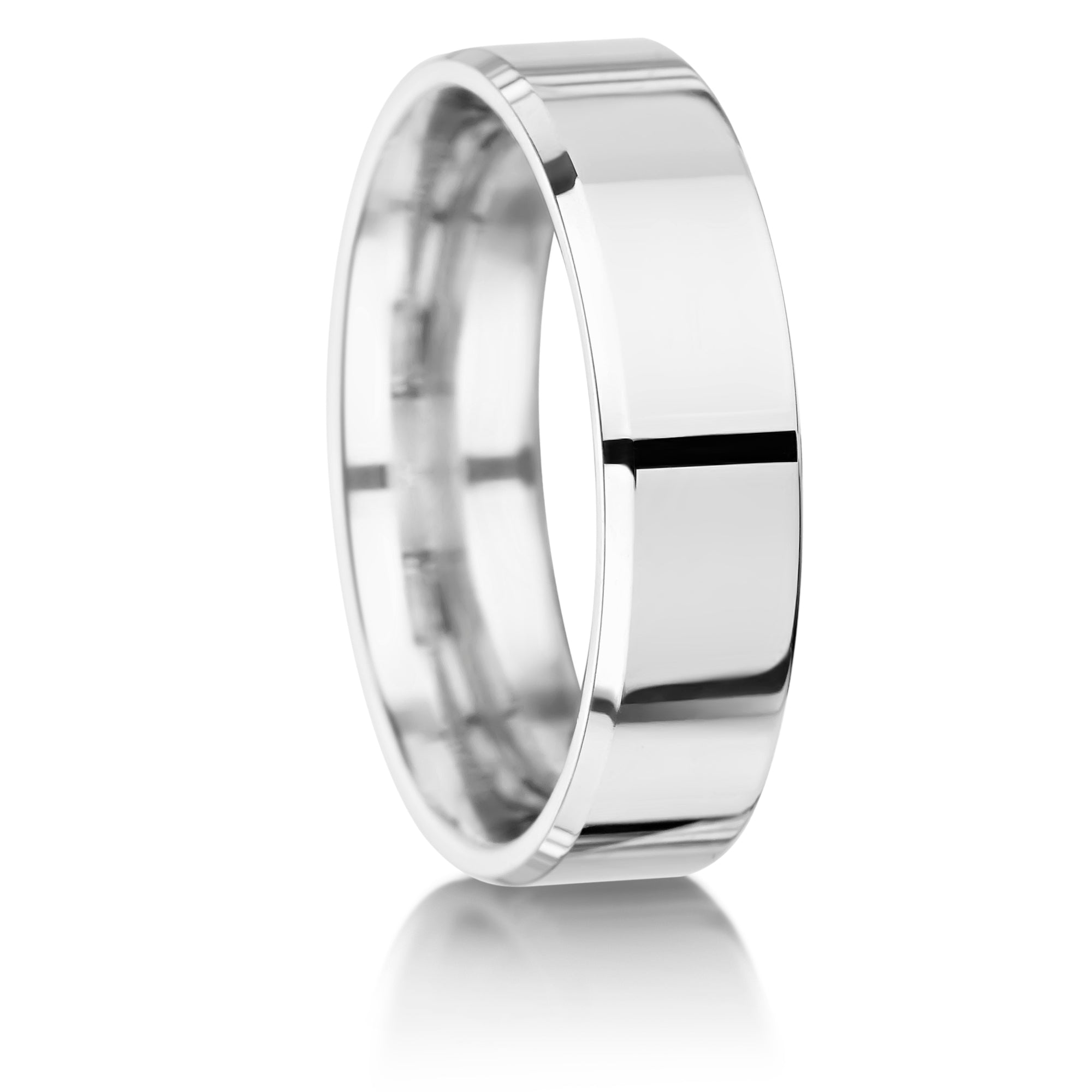 Mens wedding band with bevelled edges on a white background