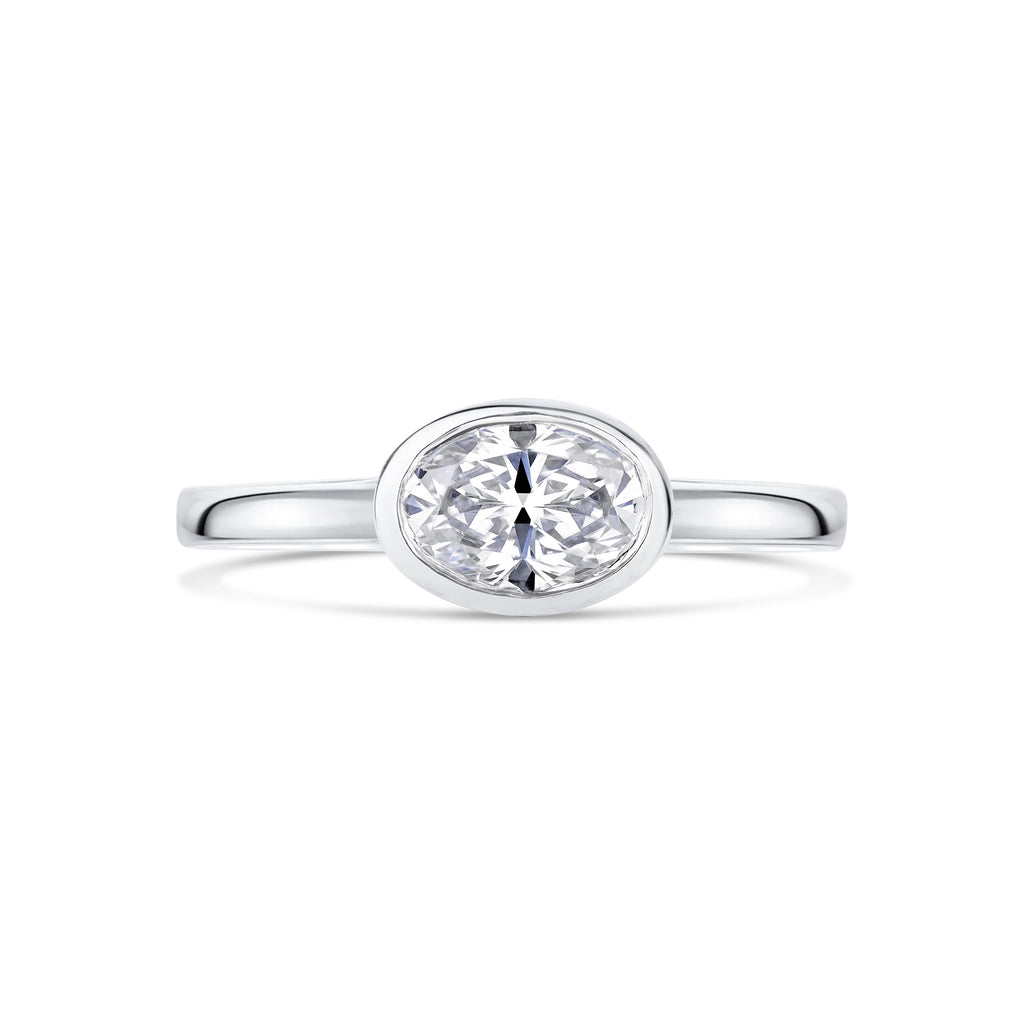 East West Oval Diamond Bezel Engagement Ring in Platinum