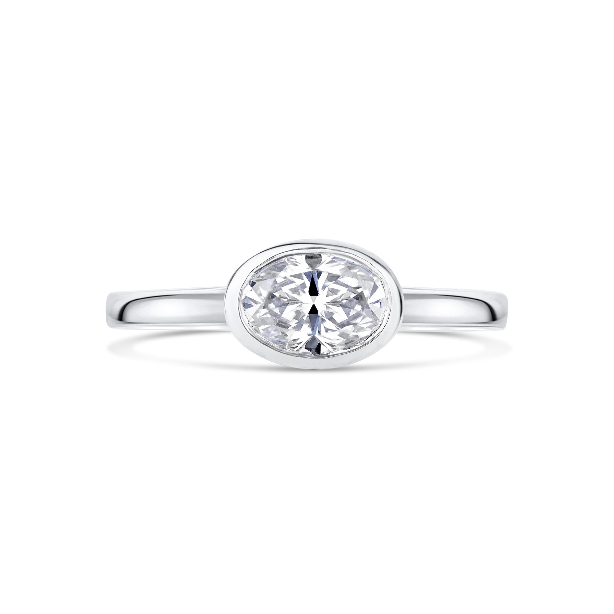 East West Oval Diamond Bezel Engagement Ring in Platinum