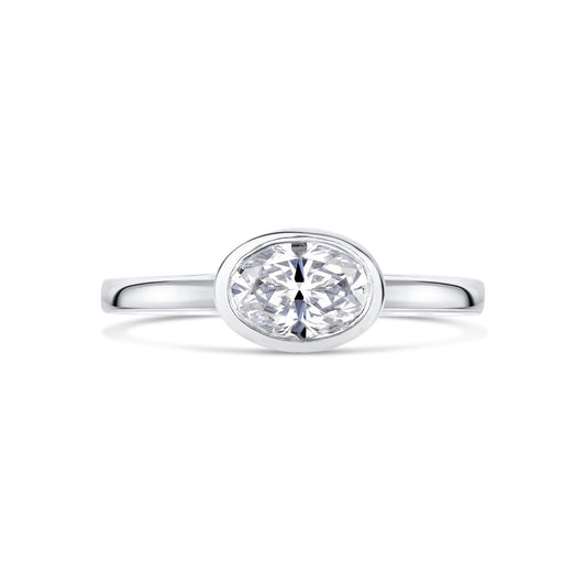 East West Oval Diamond Bezel Engagement Ring in Platinum