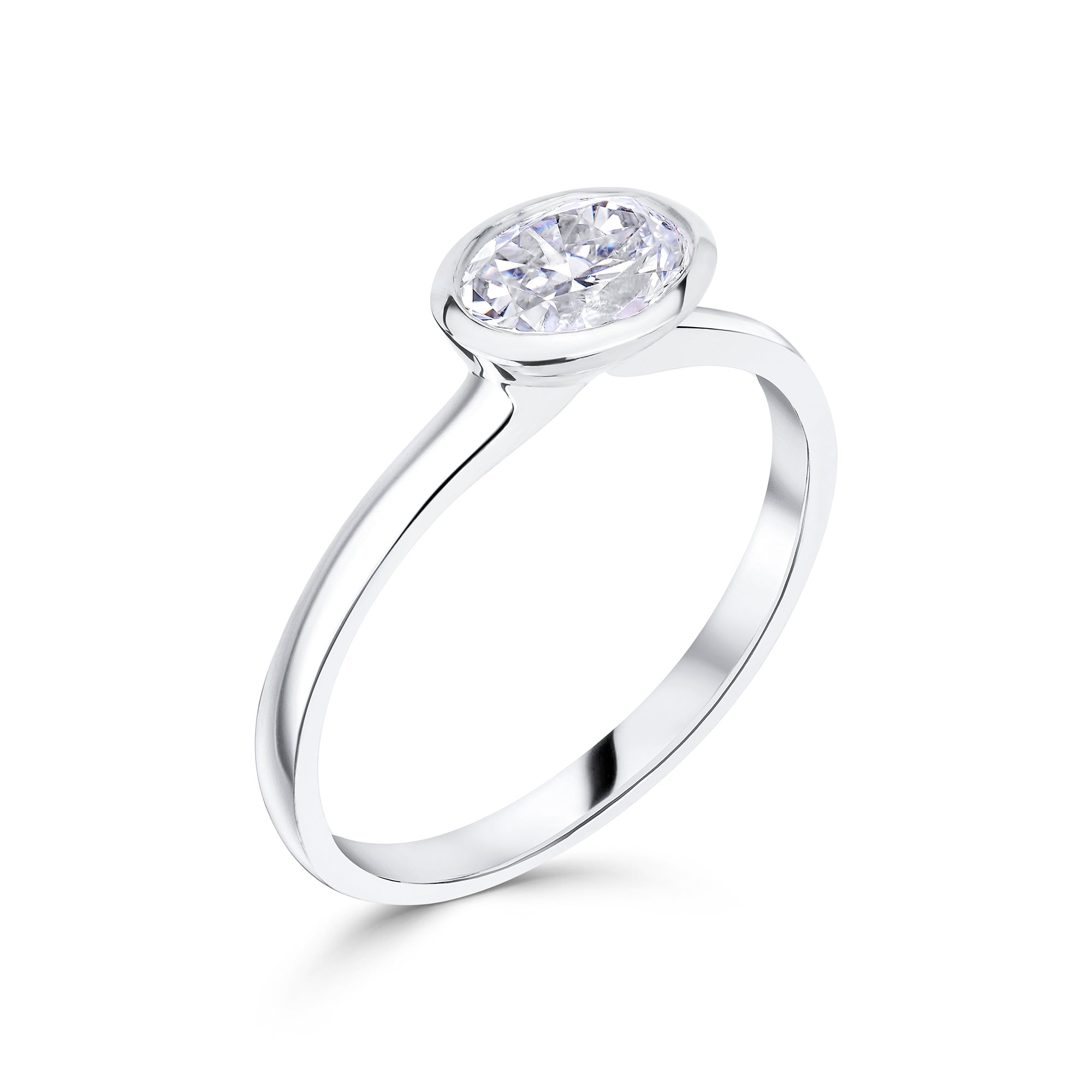 East West Oval Diamond Bezel Engagement Ring in Platinum