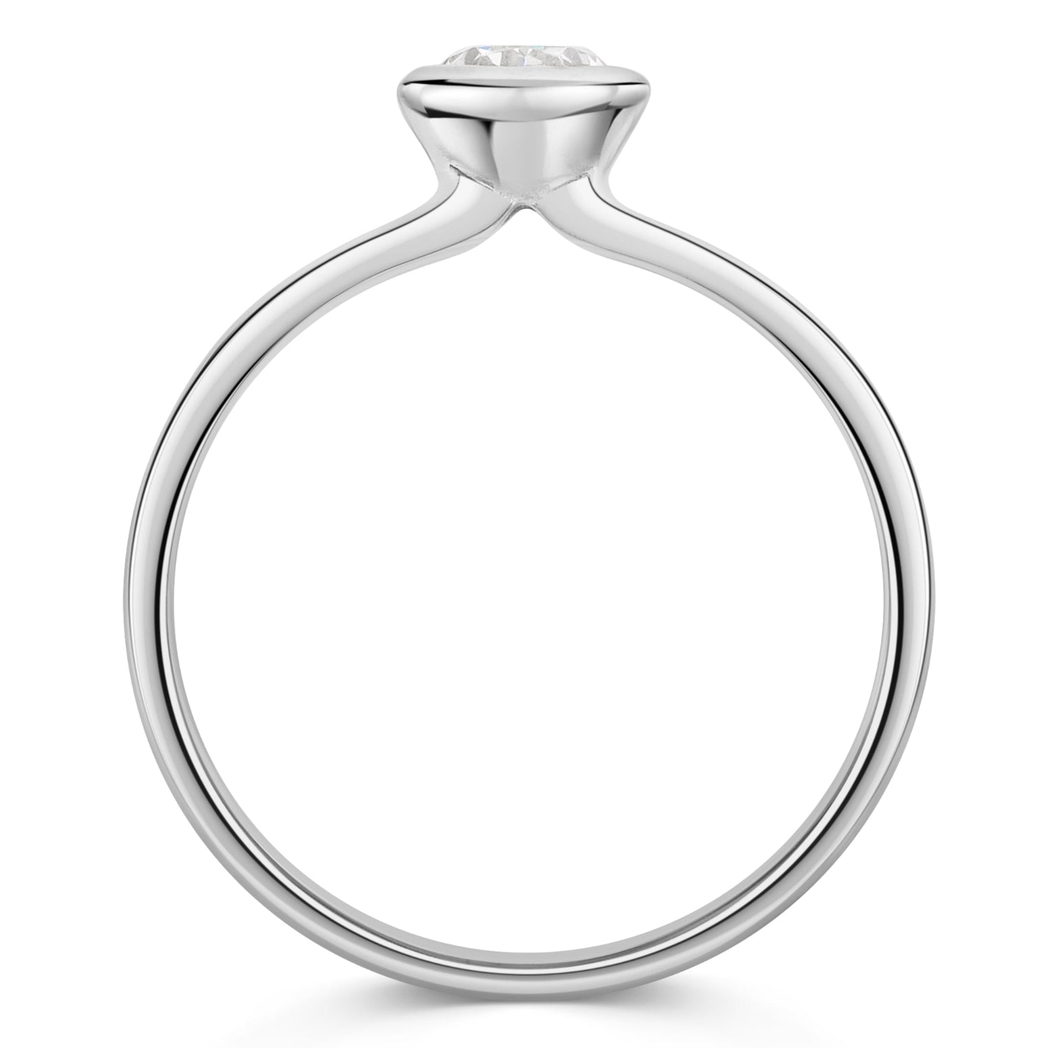 Oval Bezel Set Diamond Solitaire Engagement Ring in Platinum - side view on a white background 