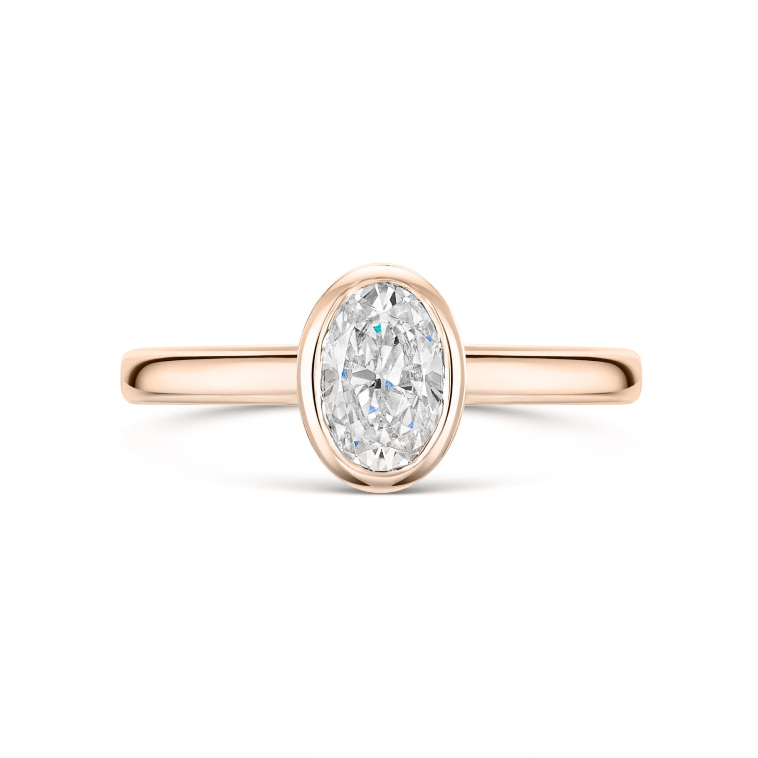 Oval Bezel Set Diamond Solitaire Engagement Ring in rose gold on a white background