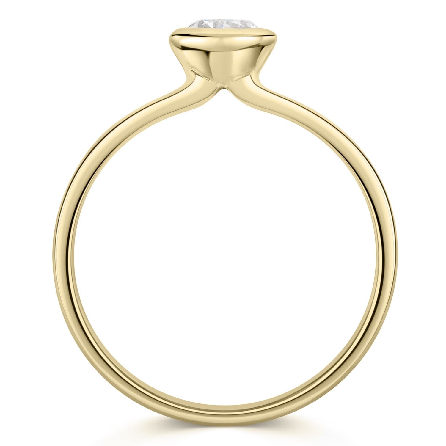 Oval Bezel Set Diamond Solitaire Engagement Ring in yellow gold  - side view on a white background