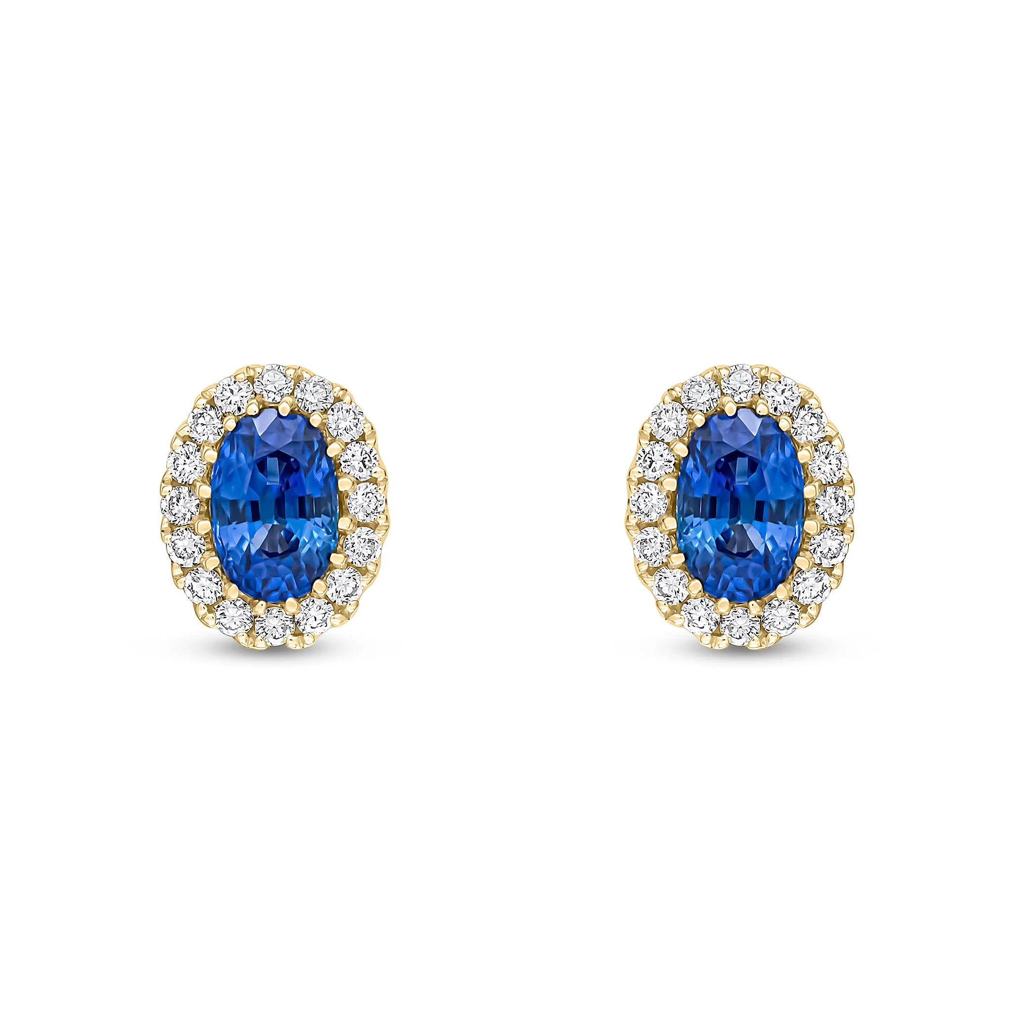 Oval Blue Sapphire & Diamond Cluster Earrings in Yellow Gold on white background