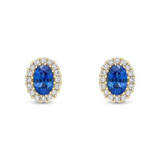 Oval Blue Sapphire & Diamond Cluster Earrings in Yellow Gold on white background
