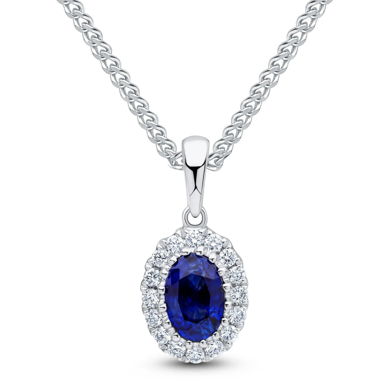 Oval Blue Sapphire & Diamond Pendant & Chain on a white background