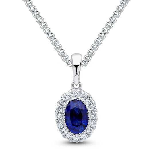 Oval Blue Sapphire & Diamond Pendant & Chain on a white background