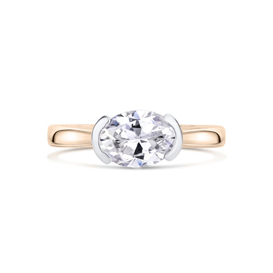 Oval East West Semi Bezel Set Solitaire In rose gold on a white background 