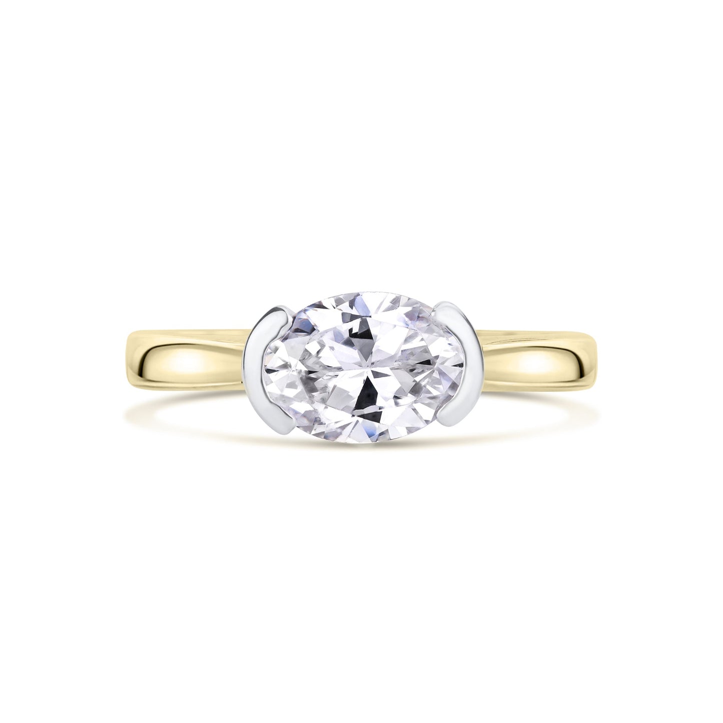 Oval East West Semi Bezel Set Solitaire 
In yellow gold on a white background