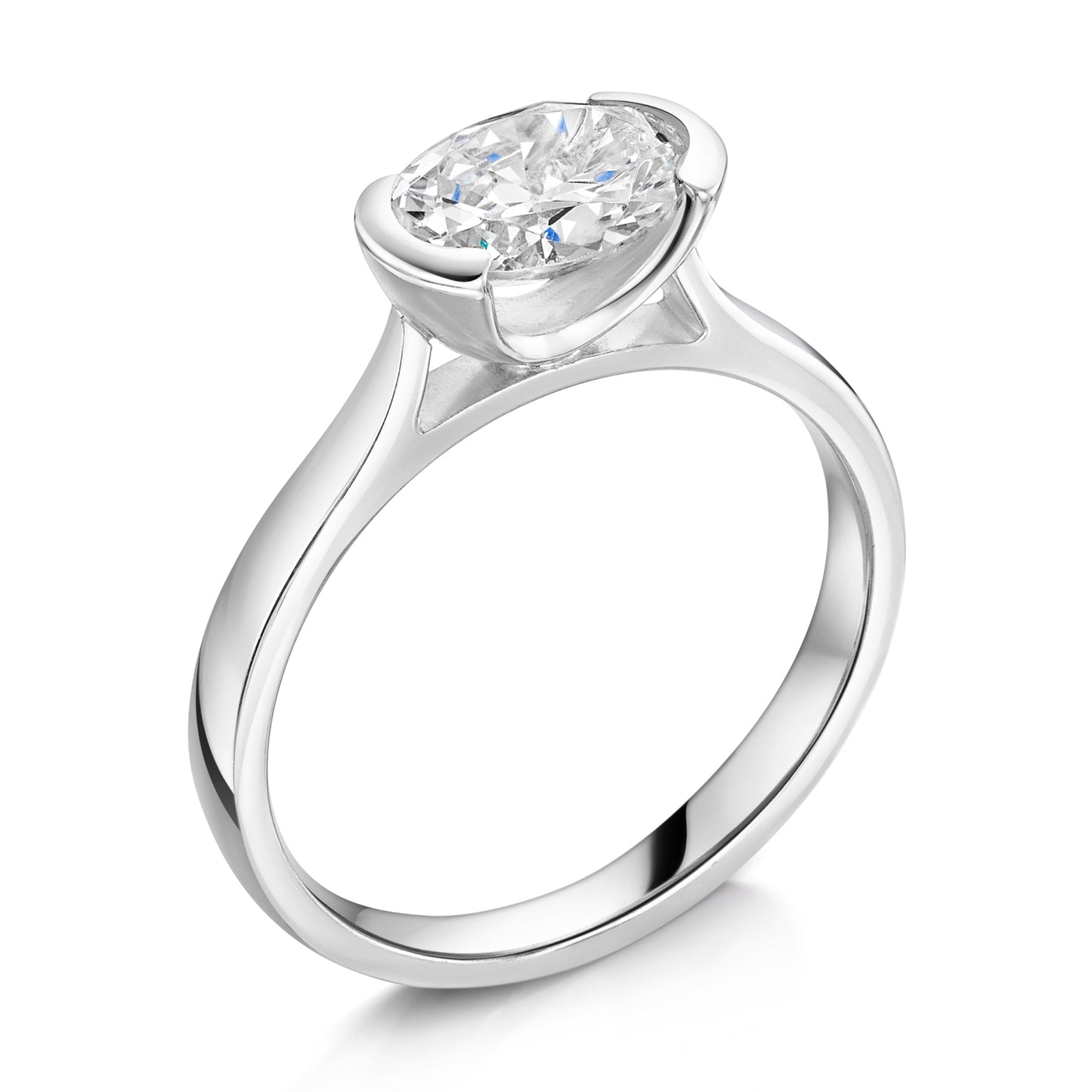 Oval East West Semi Bezel Set Solitaire angled view In platinum on a white background