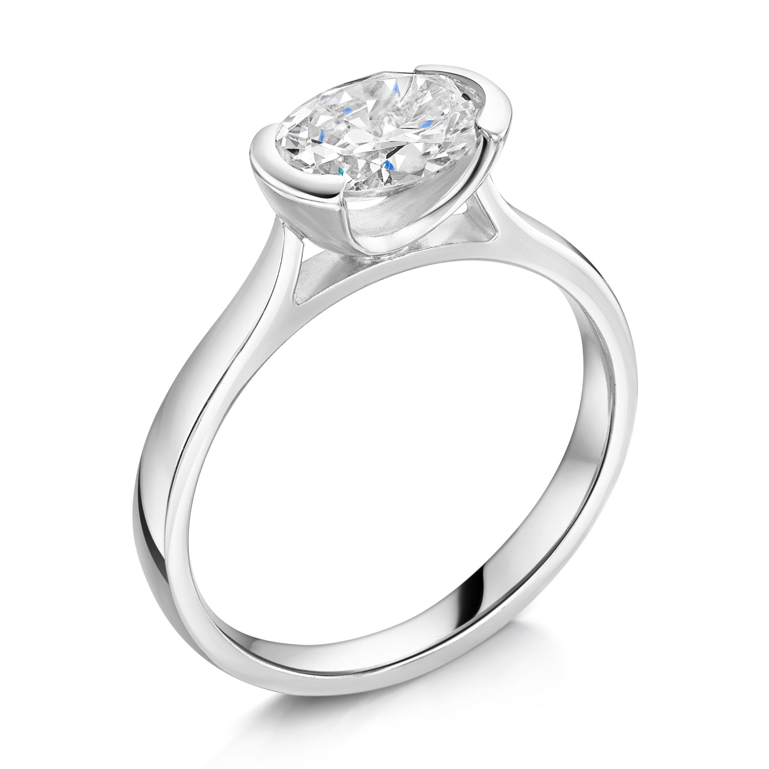 Oval East West Semi Bezel Set Solitaire angled view In platinum on a white background