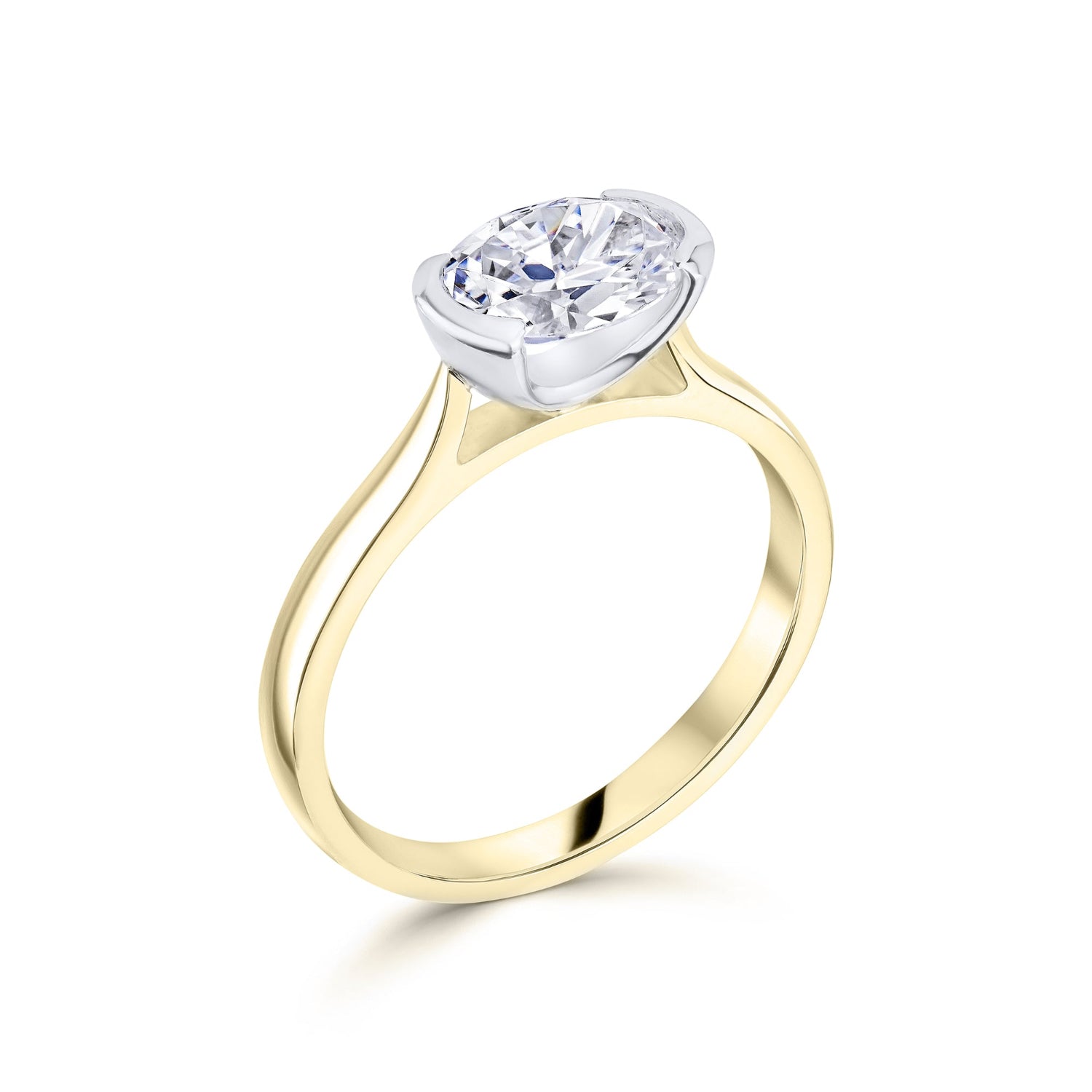 Oval East West Semi Bezel Set Solitaire angled view  In yellow gold