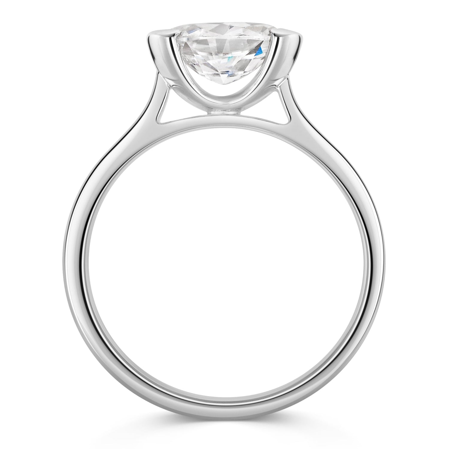 Oval East West Semi Bezel Set Solitaire side view In platinum on a white background