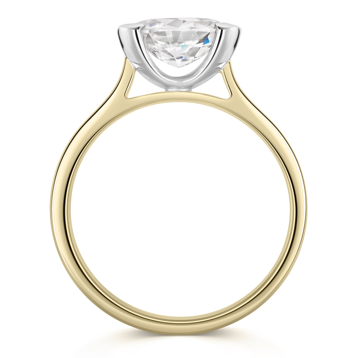 Oval East west Diamond engagement ring in yellow gold & platinum on a white. background