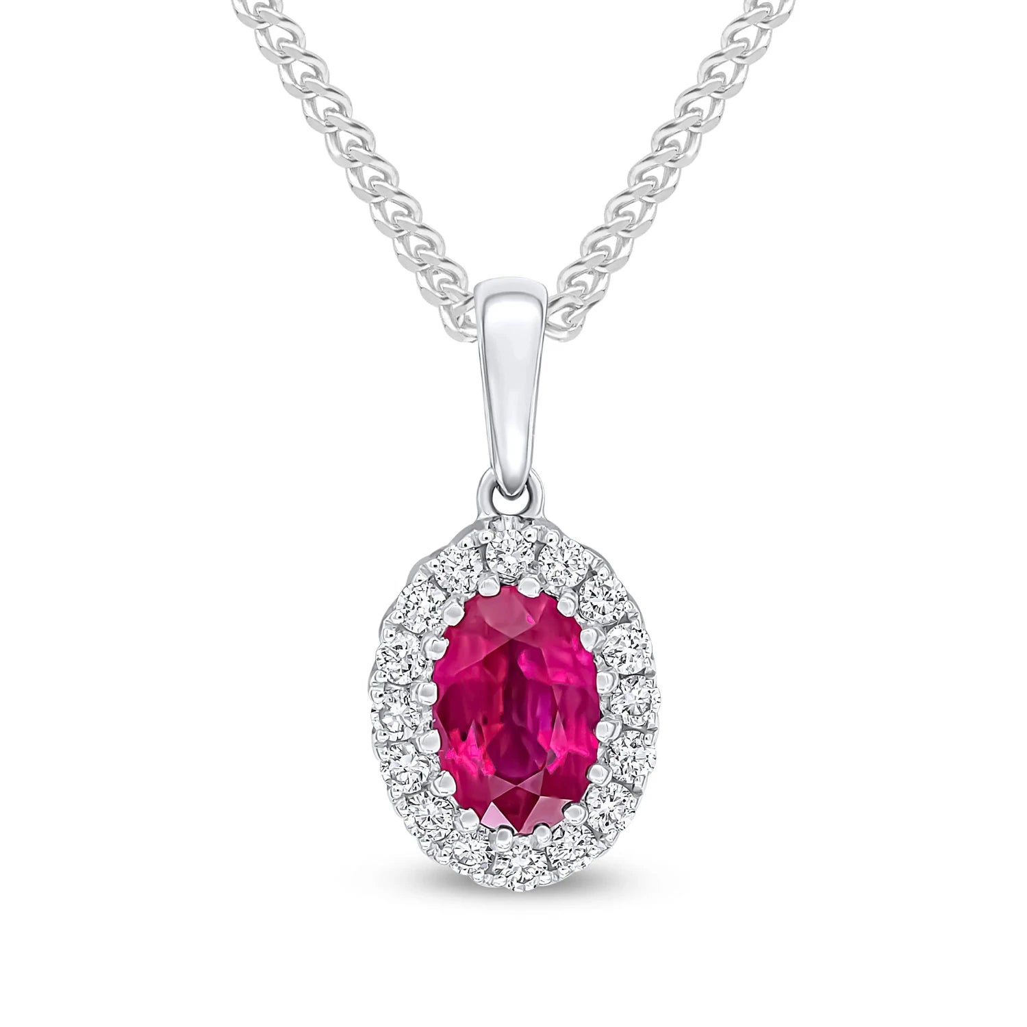 Oval Ruby & Diamond Pendant and chain in white gold on a white background
